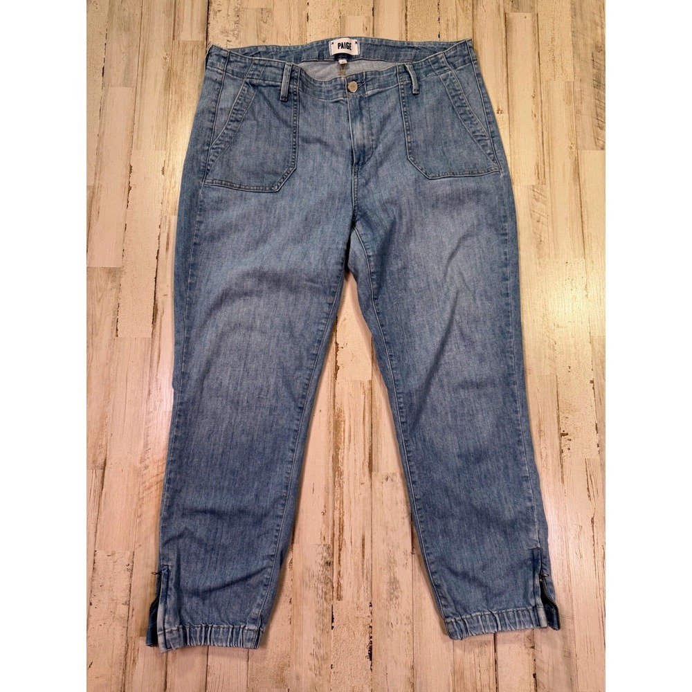 PAIGE Mayslie Jogger Jeans Womens 31 Blue Cropped Denim Pants Utility Zip Ankle
